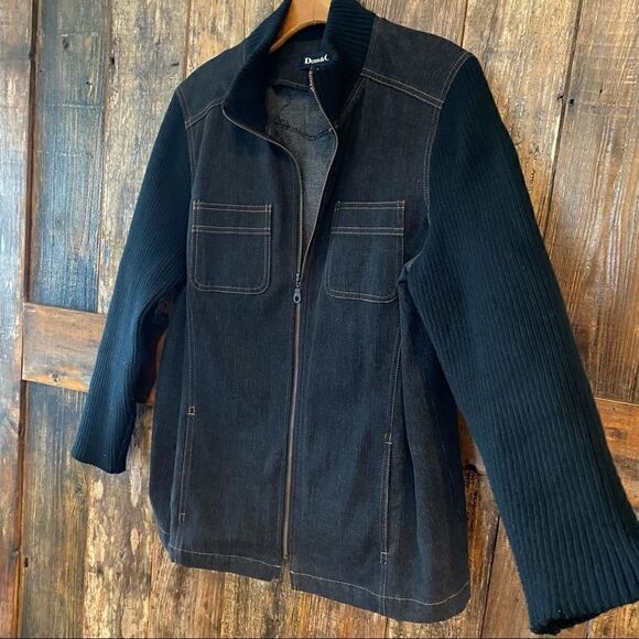 Denim & Co. M Black Denim Sweater Sleeves Full Zip Up Pockets Shacket - Picture 8 of 10